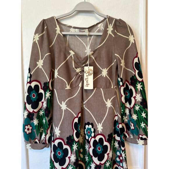 Papaya Grey Floral Retro Dress Women’s Medium 3/4 Sleeve V-Neck Stretch Knit - Picture 2 of 7